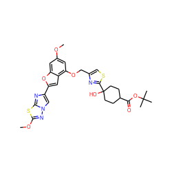 COc1cc(OCc2csc(C3(O)CCC(C(=O)OC(C)(C)C)CC3)n2)c2cc(-c3cn4nc(OC)sc4n3)oc2c1 ZINC000205756072