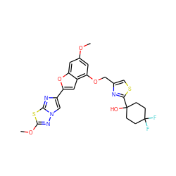 COc1cc(OCc2csc(C3(O)CCC(F)(F)CC3)n2)c2cc(-c3cn4nc(OC)sc4n3)oc2c1 ZINC000205749739