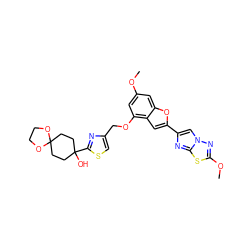 COc1cc(OCc2csc(C3(O)CCC4(CC3)OCCO4)n2)c2cc(-c3cn4nc(OC)sc4n3)oc2c1 ZINC000205737358