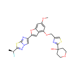 COc1cc(OCc2csc(C3(O)CCOCC3)n2)c2cc(-c3cn4nc([C@H](C)F)sc4n3)oc2c1 ZINC000143371324