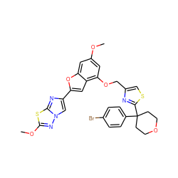 COc1cc(OCc2csc(C3(c4ccc(Br)cc4)CCOCC3)n2)c2cc(-c3cn4nc(OC)sc4n3)oc2c1 ZINC000205763028