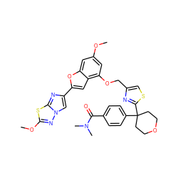 COc1cc(OCc2csc(C3(c4ccc(C(=O)N(C)C)cc4)CCOCC3)n2)c2cc(-c3cn4nc(OC)sc4n3)oc2c1 ZINC000223008929