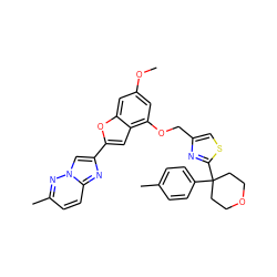 COc1cc(OCc2csc(C3(c4ccc(C)cc4)CCOCC3)n2)c2cc(-c3cn4nc(C)ccc4n3)oc2c1 ZINC000653685716