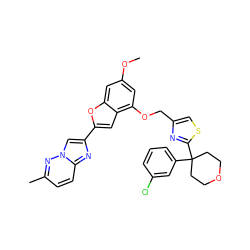 COc1cc(OCc2csc(C3(c4cccc(Cl)c4)CCOCC3)n2)c2cc(-c3cn4nc(C)ccc4n3)oc2c1 ZINC000653662271