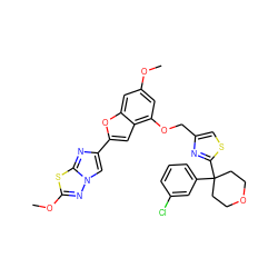 COc1cc(OCc2csc(C3(c4cccc(Cl)c4)CCOCC3)n2)c2cc(-c3cn4nc(OC)sc4n3)oc2c1 ZINC000205763083