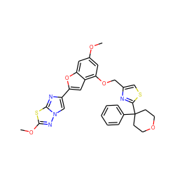 COc1cc(OCc2csc(C3(c4ccccc4)CCOCC3)n2)c2cc(-c3cn4nc(OC)sc4n3)oc2c1 ZINC000223027054