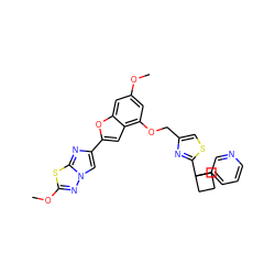 COc1cc(OCc2csc(C3(c4cccnc4)CCC3)n2)c2cc(-c3cn4nc(OC)sc4n3)oc2c1 ZINC000223024981