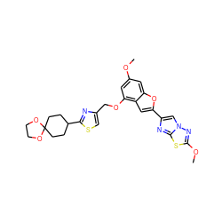 COc1cc(OCc2csc(C3CCC4(CC3)OCCO4)n2)c2cc(-c3cn4nc(OC)sc4n3)oc2c1 ZINC000653670300