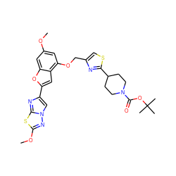 COc1cc(OCc2csc(C3CCN(C(=O)OC(C)(C)C)CC3)n2)c2cc(-c3cn4nc(OC)sc4n3)oc2c1 ZINC000143279417