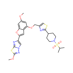 COc1cc(OCc2csc(C3CCN(S(=O)(=O)C(C)C)CC3)n2)c2cc(-c3cn4nc(OC)sc4n3)oc2c1 ZINC000143330625