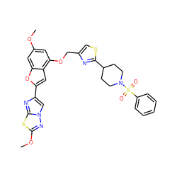 COc1cc(OCc2csc(C3CCN(S(=O)(=O)c4ccccc4)CC3)n2)c2cc(-c3cn4nc(OC)sc4n3)oc2c1 ZINC000205721938