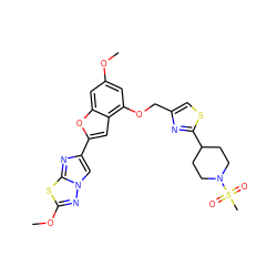 COc1cc(OCc2csc(C3CCN(S(C)(=O)=O)CC3)n2)c2cc(-c3cn4nc(OC)sc4n3)oc2c1 ZINC000205714410