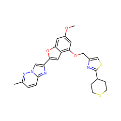 COc1cc(OCc2csc(C3CCSCC3)n2)c2cc(-c3cn4nc(C)ccc4n3)oc2c1 ZINC000223038799