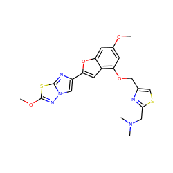 COc1cc(OCc2csc(CN(C)C)n2)c2cc(-c3cn4nc(OC)sc4n3)oc2c1 ZINC000653669350