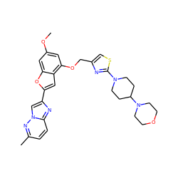 COc1cc(OCc2csc(N3CCC(N4CCOCC4)CC3)n2)c2cc(-c3cn4nc(C)ccc4n3)oc2c1 ZINC000653668346