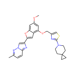 COc1cc(OCc2csc(N3CCC4(CC3)CC4)n2)c2cc(-c3cn4nc(C)ccc4n3)oc2c1 ZINC000653665226