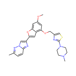 COc1cc(OCc2csc(N3CCN(C)CC3)n2)c2cc(-c3cn4nc(C)ccc4n3)oc2c1 ZINC000223033157