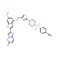 COc1cc(OCc2csc(N3CCN(S(=O)(=O)c4ccc(C#N)cc4)CC3)n2)c2cc(-c3cn4nc(C)ccc4n3)oc2c1 ZINC000653662278