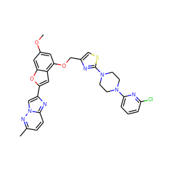 COc1cc(OCc2csc(N3CCN(c4cccc(Cl)n4)CC3)n2)c2cc(-c3cn4nc(C)ccc4n3)oc2c1 ZINC000653662291