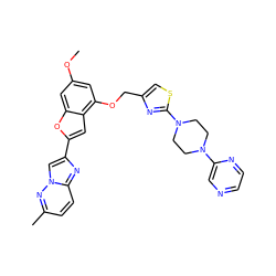 COc1cc(OCc2csc(N3CCN(c4cnccn4)CC3)n2)c2cc(-c3cn4nc(C)ccc4n3)oc2c1 ZINC000653682139