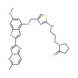 COc1cc(OCc2csc(NCCCN3CCCC3=O)n2)c2cc(-c3cn4nc(C)ccc4n3)oc2c1 ZINC000653679182