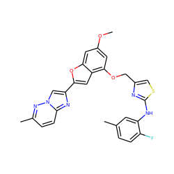 COc1cc(OCc2csc(Nc3cc(C)ccc3F)n2)c2cc(-c3cn4nc(C)ccc4n3)oc2c1 ZINC000653669551