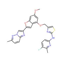 COc1cc(OCc2csc(Nc3ccc(F)c(C)n3)n2)c2cc(-c3cn4nc(C)ccc4n3)oc2c1 ZINC000653662286