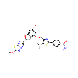 COc1cc(OCc2nc(-c3ccc(C(=O)N(C)C)cc3)sc2C(C)C)c2cc(-c3cn4nc(OC)sc4n3)oc2c1 ZINC000223016088