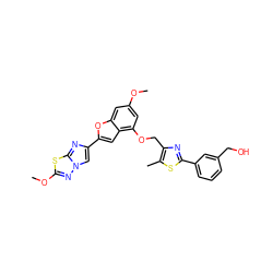 COc1cc(OCc2nc(-c3cccc(CO)c3)sc2C)c2cc(-c3cn4nc(OC)sc4n3)oc2c1 ZINC000653675513