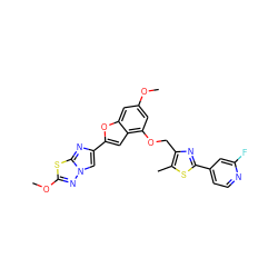 COc1cc(OCc2nc(-c3ccnc(F)c3)sc2C)c2cc(-c3cn4nc(OC)sc4n3)oc2c1 ZINC000653681801