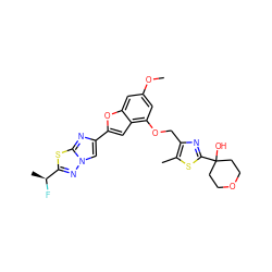 COc1cc(OCc2nc(C3(O)CCOCC3)sc2C)c2cc(-c3cn4nc([C@H](C)F)sc4n3)oc2c1 ZINC000653669356