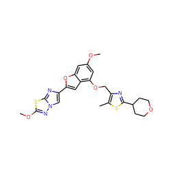 COc1cc(OCc2nc(C3CCOCC3)sc2C)c2cc(-c3cn4nc(OC)sc4n3)oc2c1 ZINC000205696046