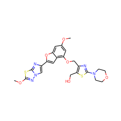 COc1cc(OCc2nc(N3CCOCC3)sc2CO)c2cc(-c3cn4nc(OC)sc4n3)oc2c1 ZINC000143198573