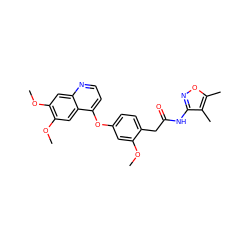 COc1cc(Oc2ccnc3cc(OC)c(OC)cc23)ccc1CC(=O)Nc1noc(C)c1C ZINC000084634878