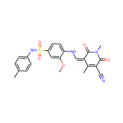 COc1cc(S(=O)(=O)Nc2ccc(C)cc2)ccc1N/C=C1\C(=O)N(C)C(=O)C(C#N)=C1C ZINC000008456303