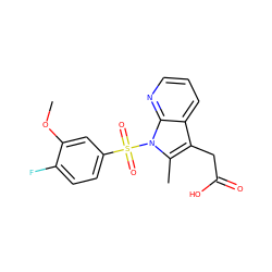 COc1cc(S(=O)(=O)n2c(C)c(CC(=O)O)c3cccnc32)ccc1F ZINC000043073803