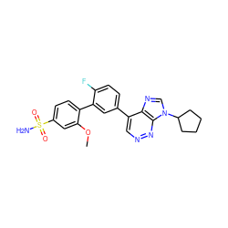 COc1cc(S(N)(=O)=O)ccc1-c1cc(-c2cnnc3c2ncn3C2CCCC2)ccc1F ZINC000218113601