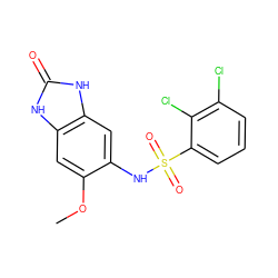 COc1cc2[nH]c(=O)[nH]c2cc1NS(=O)(=O)c1cccc(Cl)c1Cl ZINC000299839432