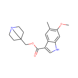 COc1cc2[nH]cc(C(=O)OCC34CCN(CC3)CC4)c2cc1C ZINC001772645909