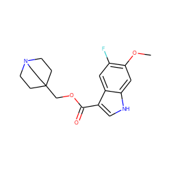 COc1cc2[nH]cc(C(=O)OCC34CCN(CC3)CC4)c2cc1F ZINC001772635420