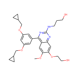 COc1cc2c(-c3cc(OCC4CC4)cc(OCC4CC4)c3)nc(NCCCO)nc2cc1OCCO ZINC000026729890