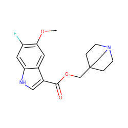 COc1cc2c(C(=O)OCC34CCN(CC3)CC4)c[nH]c2cc1F ZINC001772617718