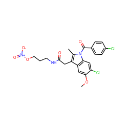 COc1cc2c(CC(=O)NCCCO[N+](=O)[O-])c(C)n(C(=O)c3ccc(Cl)cc3)c2cc1Cl ZINC000028862789