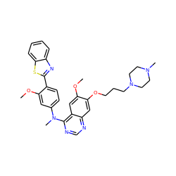 COc1cc2c(N(C)c3ccc(-c4nc5ccccc5s4)c(OC)c3)ncnc2cc1OCCCN1CCN(C)CC1 ZINC000049756916