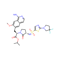 COc1cc2c(N)nccc2cc1C[C@H](C(=O)OC(C)C)N1CC[C@H](NS(=O)(=O)c2cnc(N3CCC(F)(F)C3)s2)C1=O ZINC000208005609