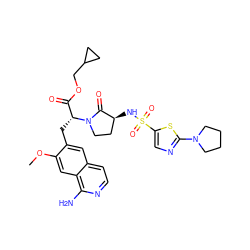 COc1cc2c(N)nccc2cc1C[C@H](C(=O)OCC1CC1)N1CC[C@H](NS(=O)(=O)c2cnc(N3CCCC3)s2)C1=O ZINC000142530364