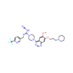 COc1cc2c(N3CCN(/C(=N\Cc4ccc(C(F)(F)F)nc4)NC#N)CC3)ncnc2cc1OCCCN1CCCCC1 ZINC000028371640