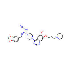 COc1cc2c(N3CCN(/C(=N\Cc4ccc5c(c4)OCO5)NC#N)CC3)ncnc2cc1OCCCN1CCCCC1 ZINC000028390101