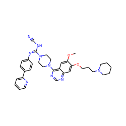 COc1cc2c(N3CCN(/C(=N\c4ccc(-c5ccccn5)cc4)NC#N)CC3)ncnc2cc1OCCCN1CCCCC1 ZINC000028381452