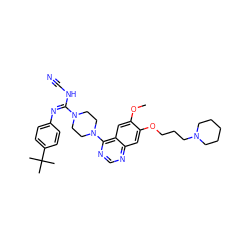 COc1cc2c(N3CCN(/C(=N\c4ccc(C(C)(C)C)cc4)NC#N)CC3)ncnc2cc1OCCCN1CCCCC1 ZINC000028379930